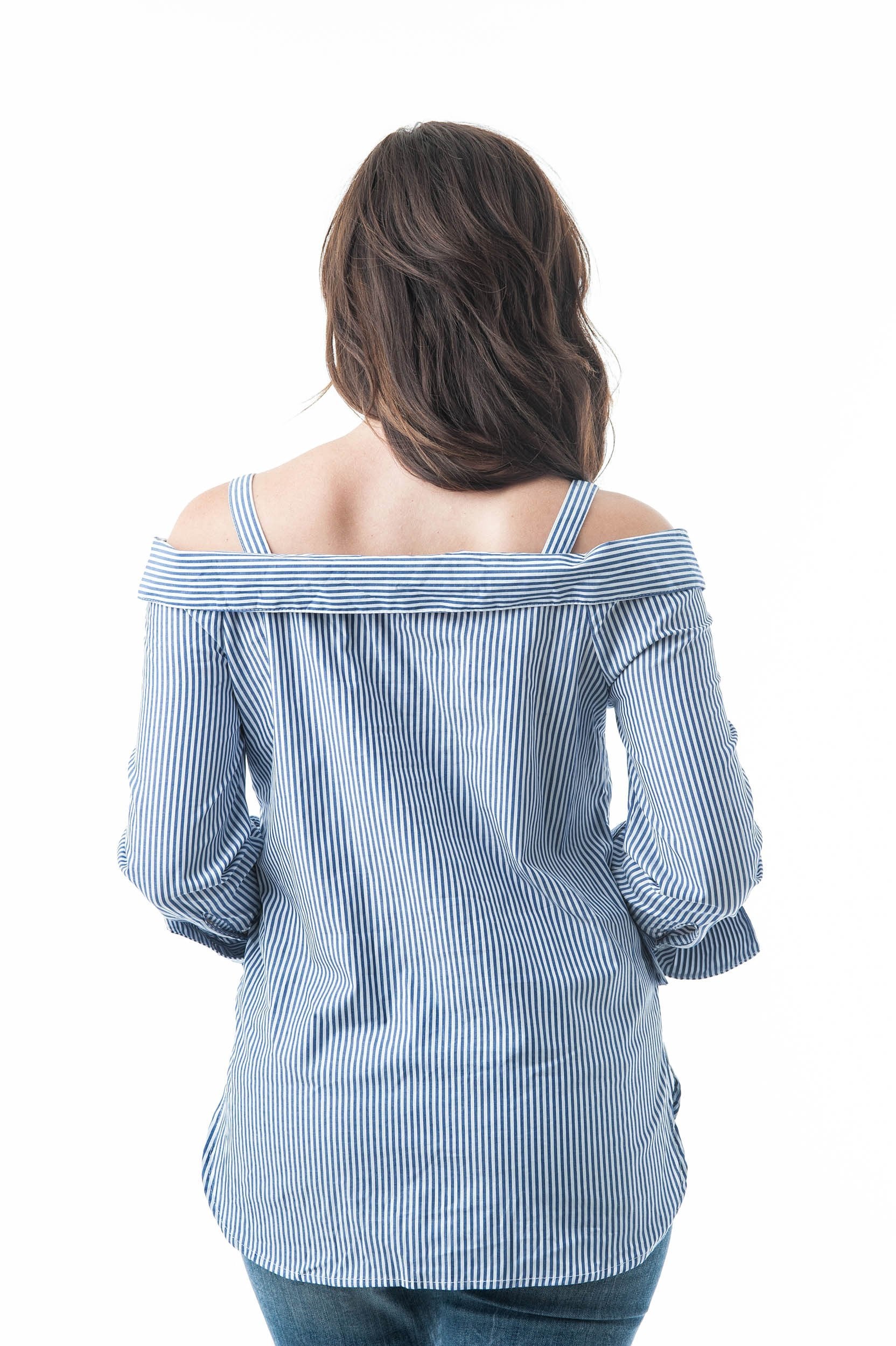 Long Sleeve Collar Striped Pattern Off The Shoulder Button Down Blouse