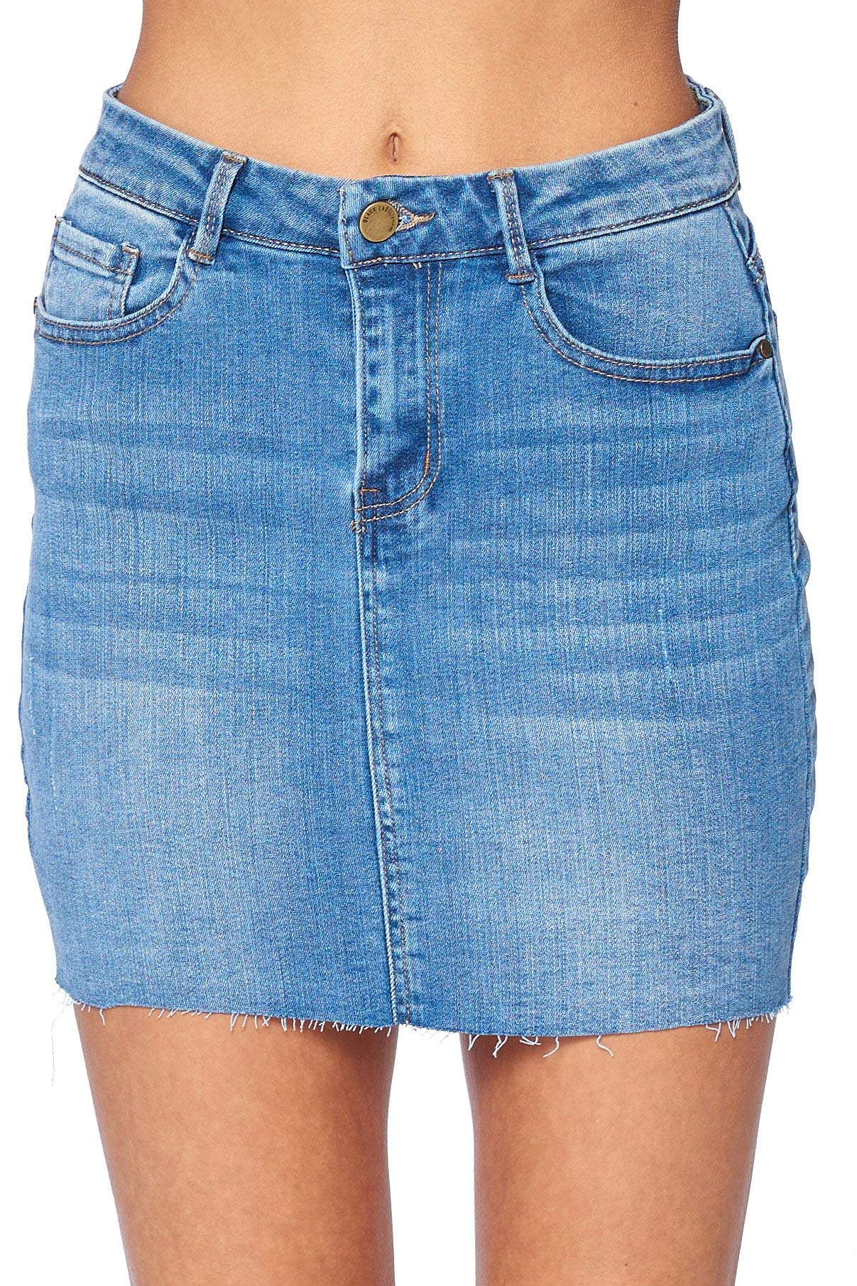 Khanomak Women's High Waist 5 Pocket Classic Raw Cut Hem Denim Mini Skirt