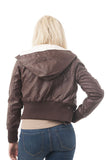 Detachable Hood Long Sleeve Fur Lining Faux Leather Jacket