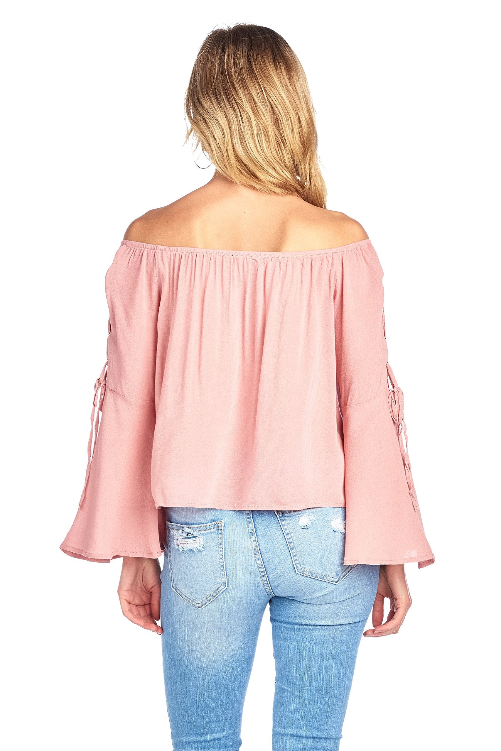Elasticized Off Shoulder Long Trumpet Lace-Up Self-Tie Cuff Sleeve Flowy Top