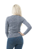 Khanomak Long Sleeve V Neck Ribbed Heathered Knit Sweater Top