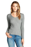 Khanomak Plain Solid Stretch Fitted Long Sleeve V Neck Ribbed Knit Lightweight Sweater Top