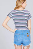 Short Sleeve Round Neck Lettuce Hem Multi Stripe Crop Top