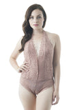 Sleeveless Halter V Neckline Sheer Back Lace Bodysuit