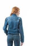 Denim Jean Distressed Raw Cut Hemline Front Pockets Cropped Jacket