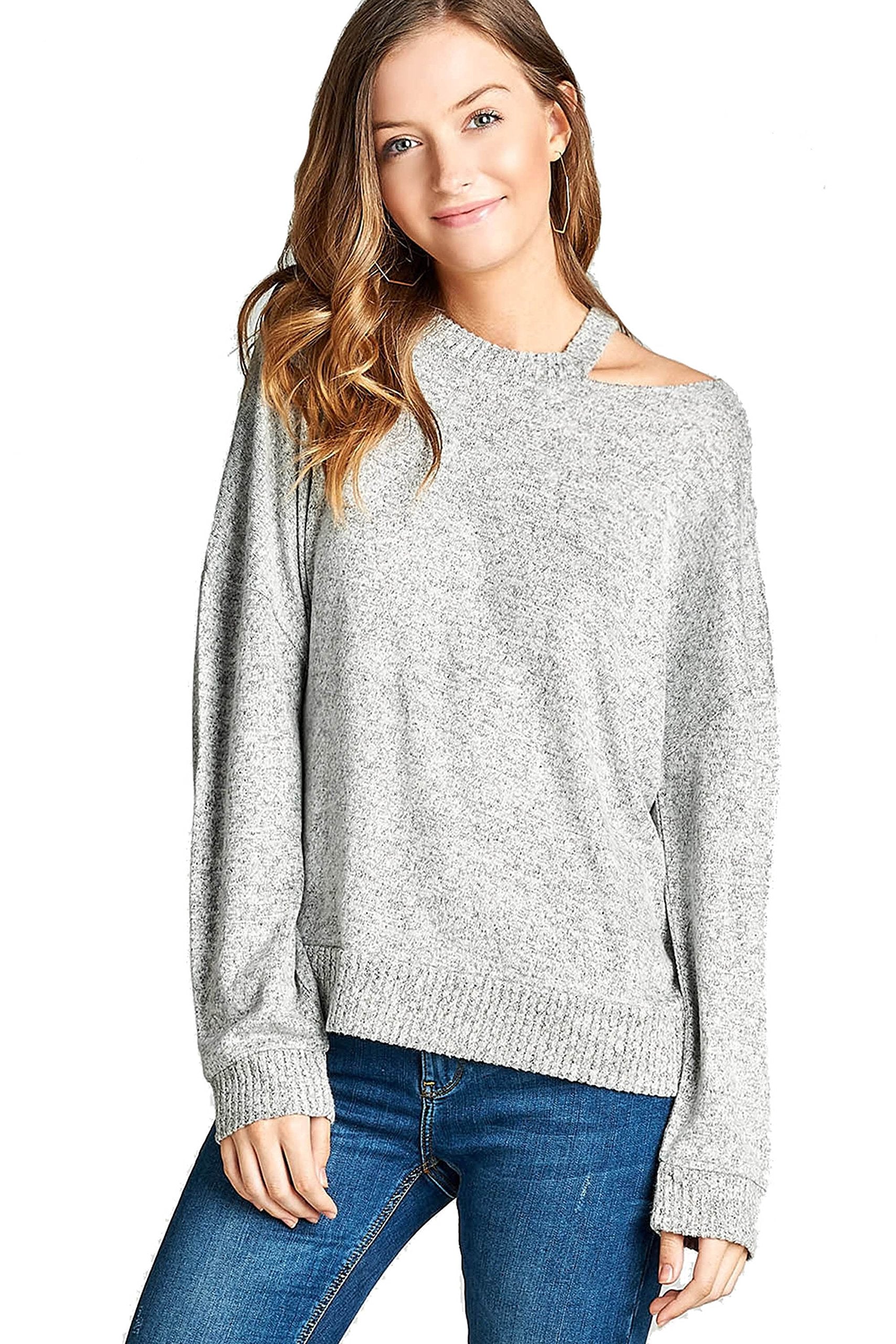 Casual Long Sleeve Round Neck Cutout Detail Knit Pullover Sweater Top