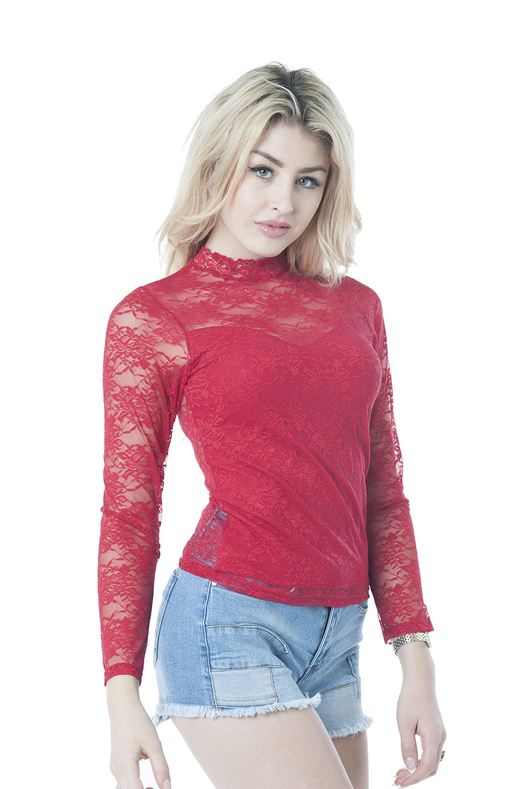Long Sleeve Lace Mock Neck With Lining One Size Top