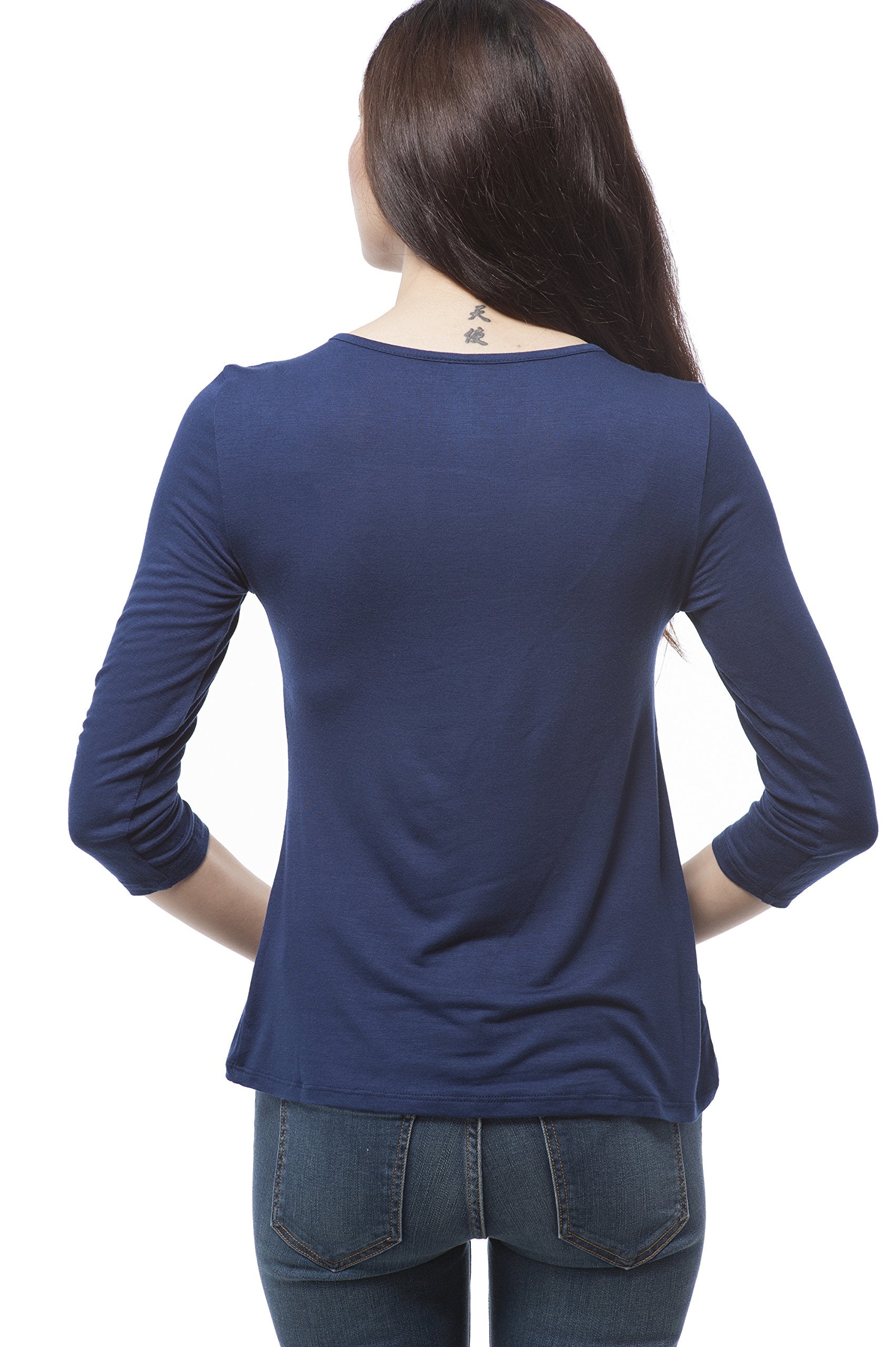 Women's 3/4 Ruched sleeve round neck with gold trim blouse