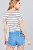 Short Sleeve Round Neck Lettuce Hem Multi Stripe Crop Top