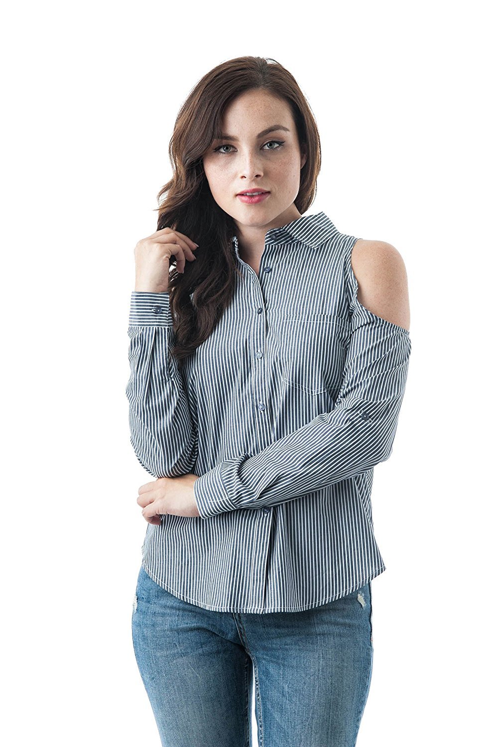 Long Sleeve Collar Button Down Cold Shoulder Striped Pattern top