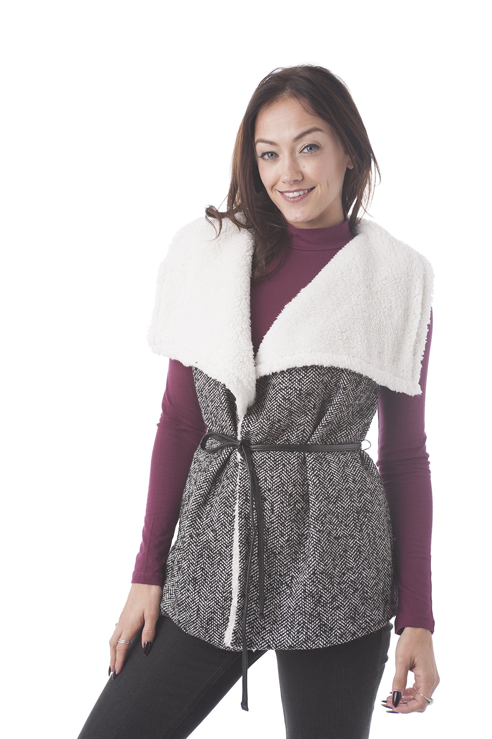 Sleeveless Faux Fur Lining Draped Collar Belted Tweed Vest
