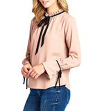 Chiffon Ruffle Mock Neck Bell Side Cuff Self Tie Sleeves With Contrast Color Top