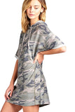Khanomak Short Sleeve Hooded Oversized Loose Fit Casual All Over Camo Print T-Shirt Dress