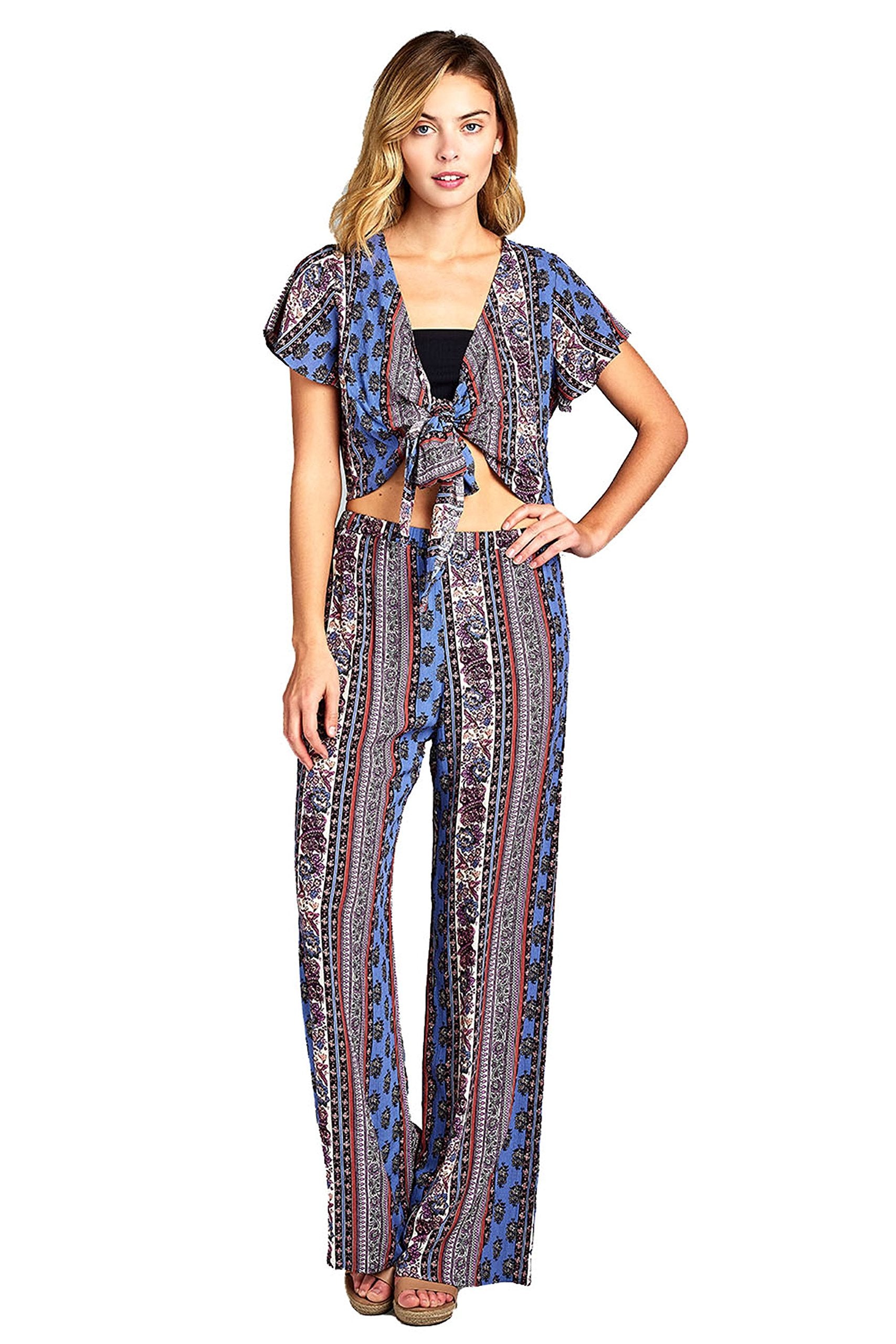 Khanomak Short Sleeve Deep V Self Tie Wrap Front Boho Print Crop Top