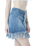 Denim Distressed Button Down A-Line Skirt With Long Fray Trim