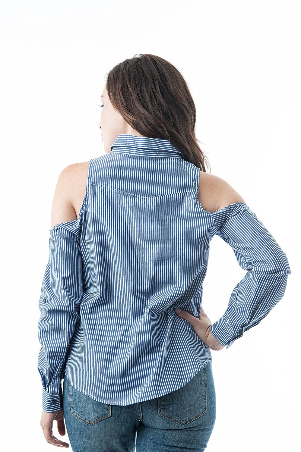 Long Sleeve Collar Button Down Cold Shoulder Striped Pattern top