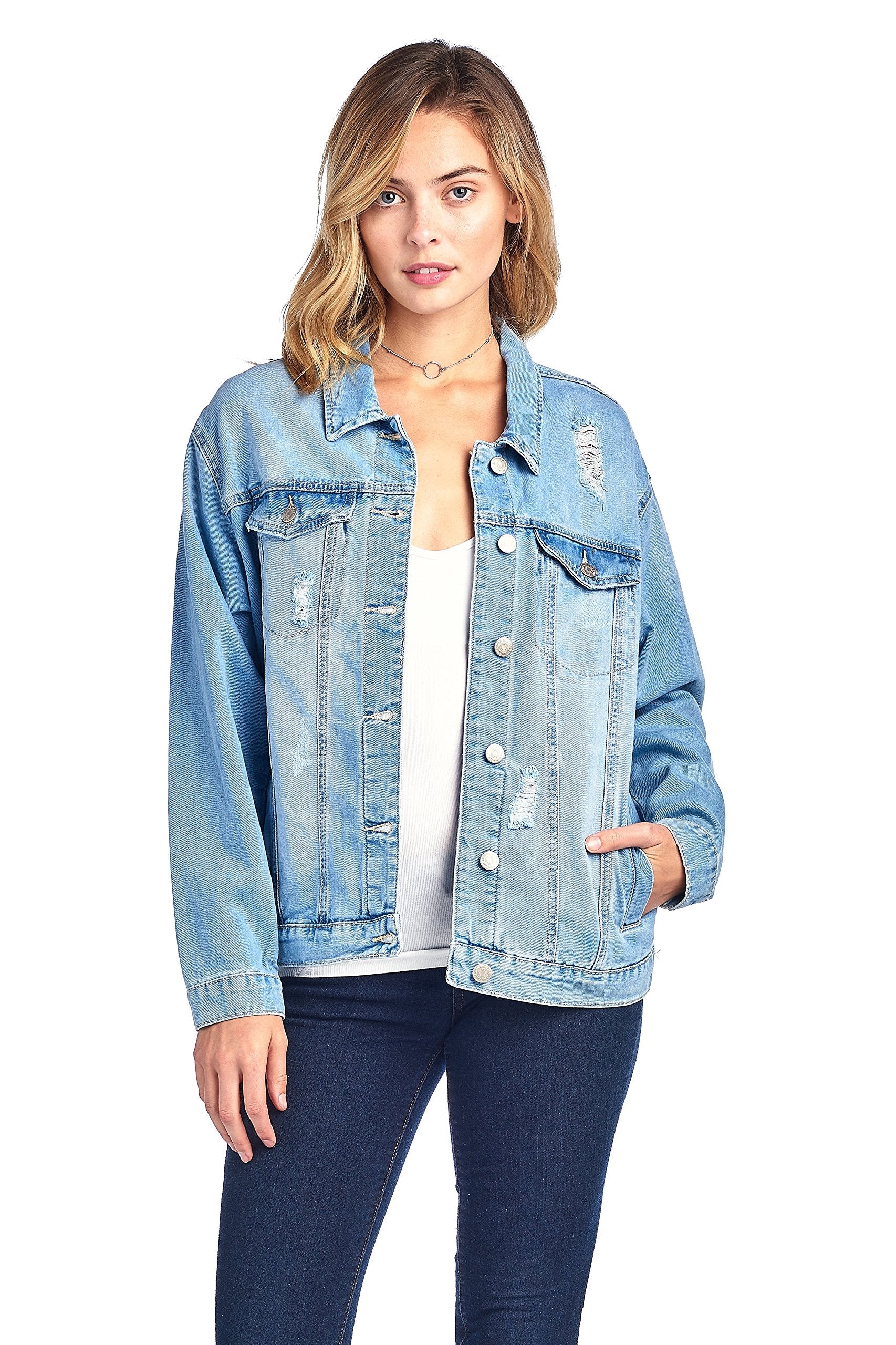 Classic Long Over Sized Denim Distress Buttoned Front Long Sleeve Basic Collar Jacket