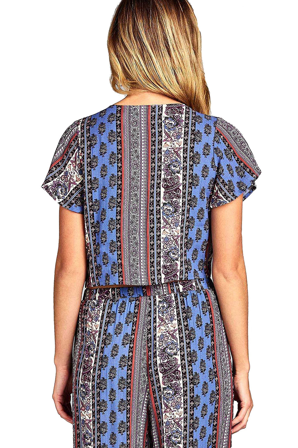 Khanomak Short Sleeve Deep V Self Tie Wrap Front Boho Print Crop Top