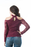 Long Sleeve Lace Crochet Off The Shoulder Choker Back Button Keyhole Top