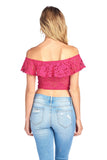 Short Sleeve Lace Off Shoulder Ruffled Layered Crop Top