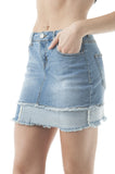 Denim Distressed Jean Double Fray Panel Mini Skirt