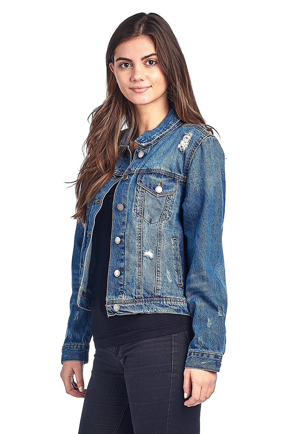 Khanomak Classic Jean Distress Denim Basic Collar Button Front Jacket