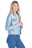 Women's Long Sleeve Basic Casual Classic Cotton Button Front Distress Ripped Denim Jean Jacket