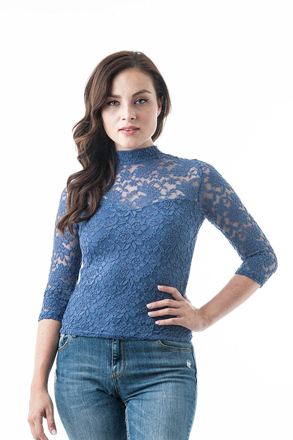 Women's 3/4 Sleeve Illusion Lined Lace Mock Neck Keyhole Cutout Back Top