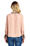 Chiffon Ruffle Mock Neck Bell Side Cuff Self Tie Sleeves With Contrast Color Top