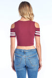 Women's Open Cold Shoulder Varsity Stripe Short Sleeve Cotton V Neck Basic Casual Crop Top