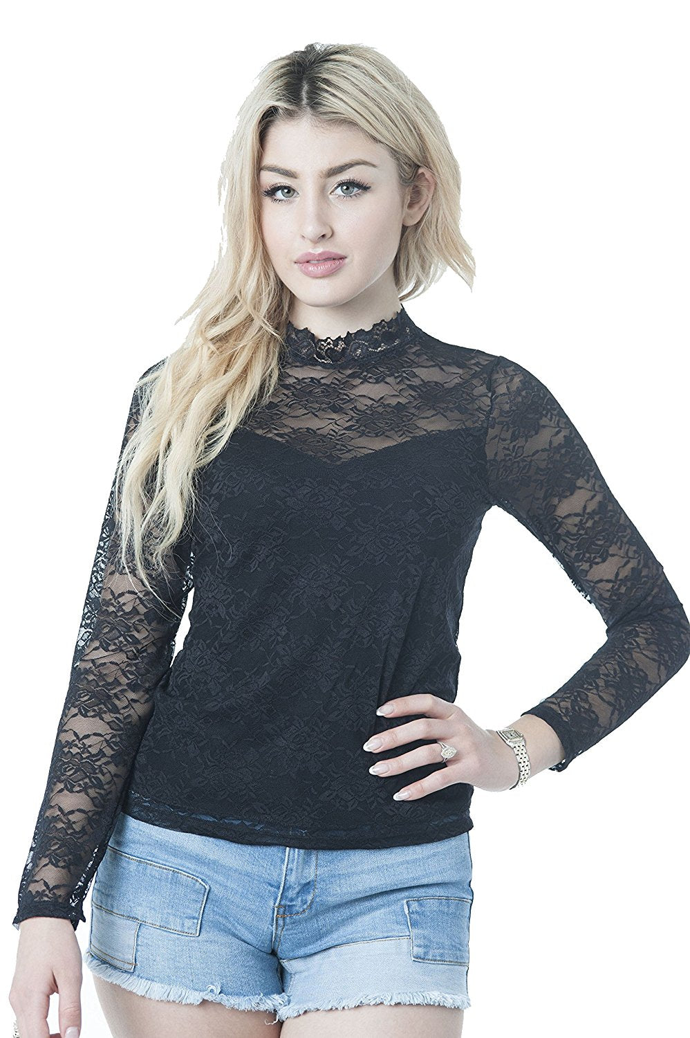Long Sleeve Lace Mock Neck With Lining One Size Top