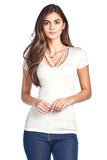 Plain Casual Stretch Short Sleeve Ribbed V Neck Caged Cutout Front Top