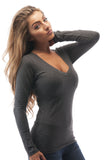 Long Sleeve V-neck Tee Tank Top Shirt Solid Plain Basic Plus Size