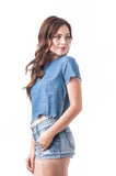 Short Sleeve Chambray Frayed Denim Cropped Top