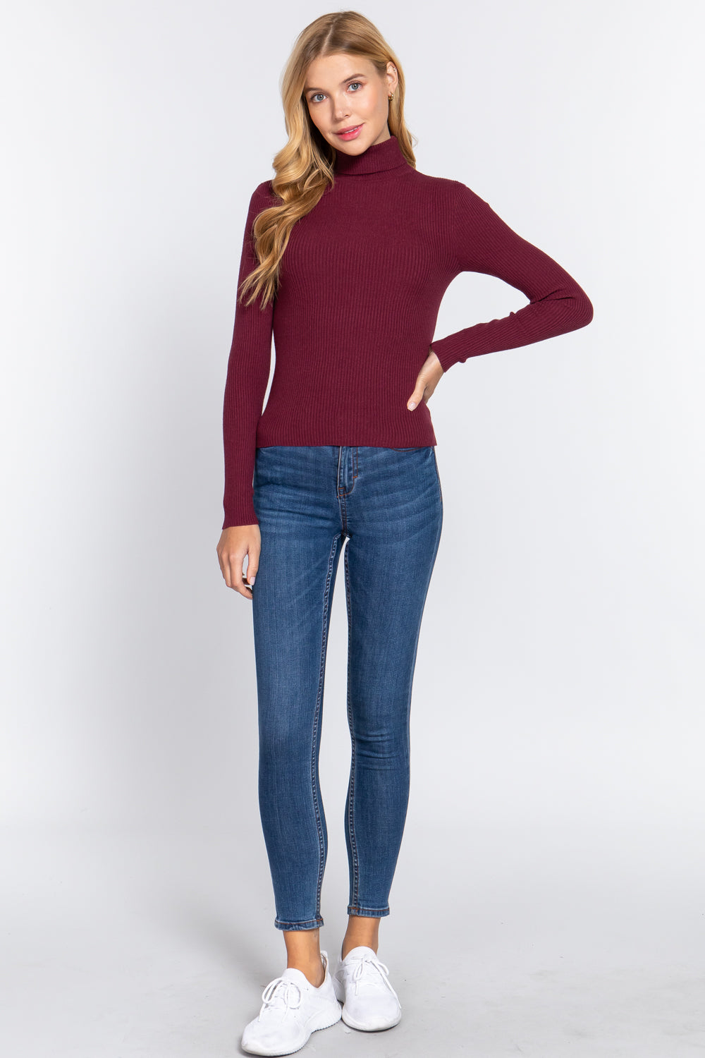 Women's Long Sleeve Turtle Neck Fitted Viscose Ribbed Sweater Cardigan
