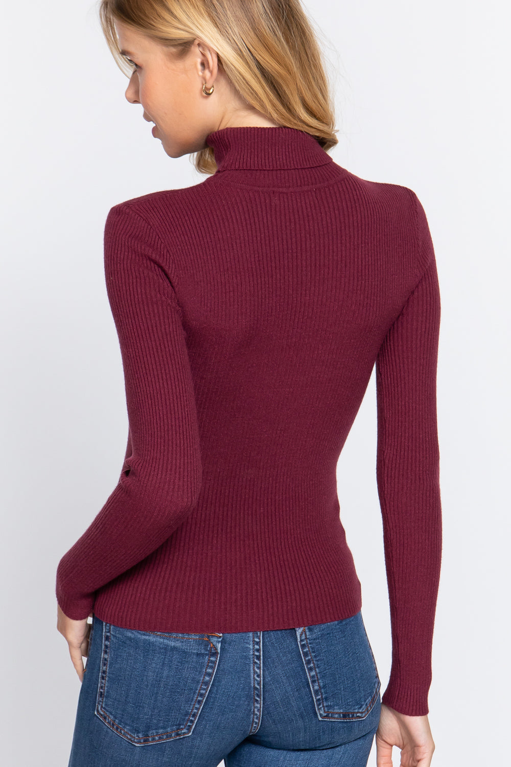 Women's Long Sleeve Turtle Neck Fitted Viscose Ribbed Sweater Cardigan