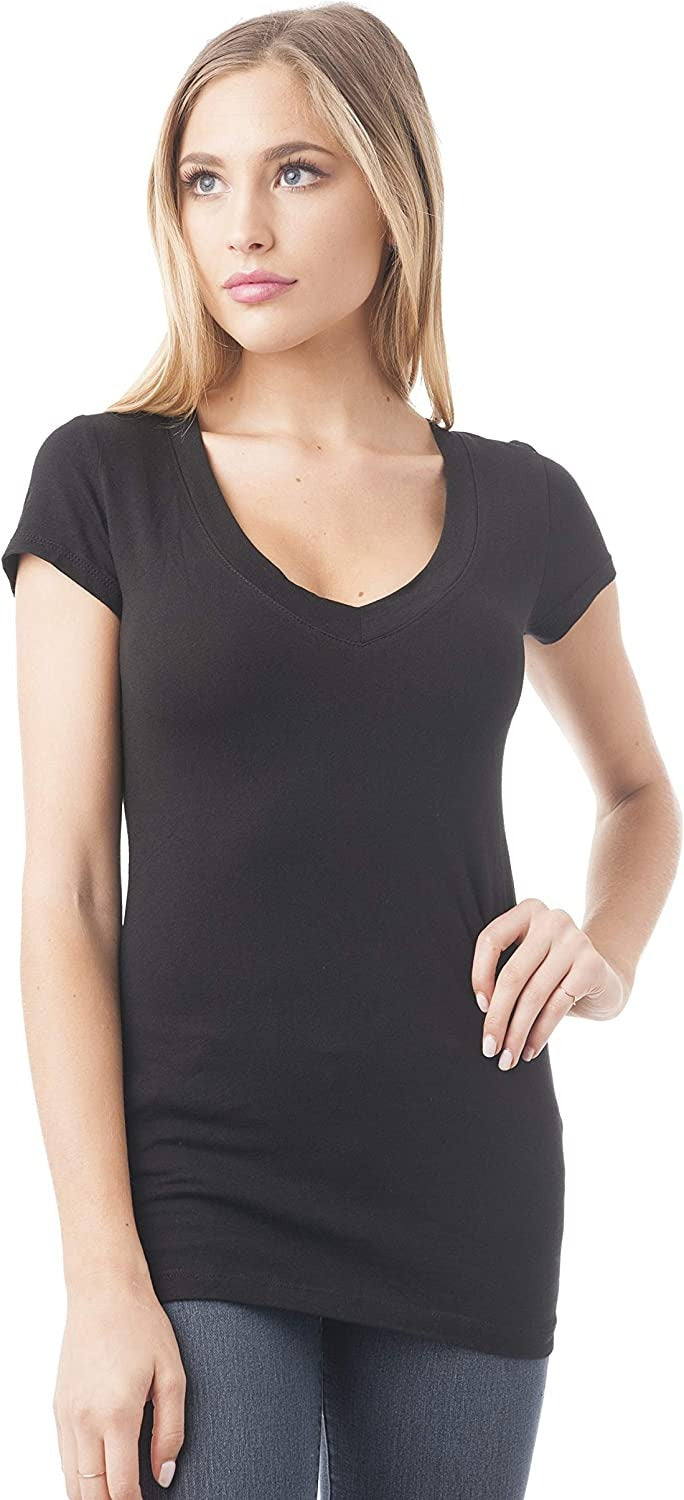 Women's Casual Basic Deep V-Neck Short Sleeve T-Shirt (Regular and Plus Size)