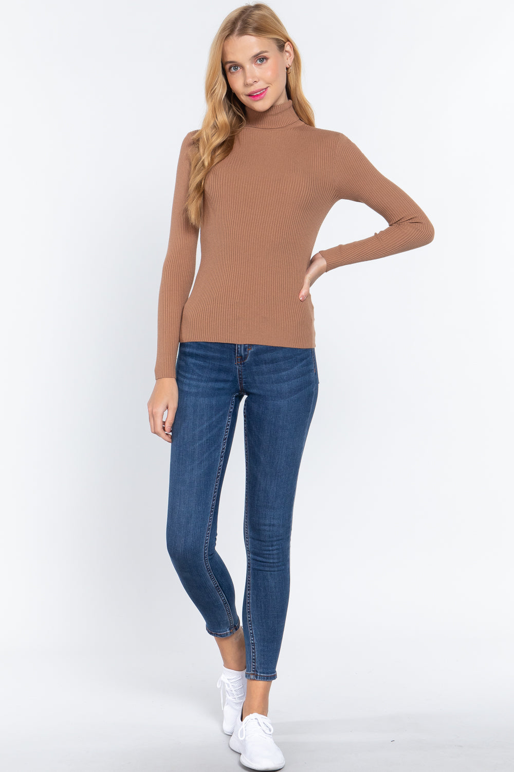 Women's Long Sleeve Turtle Neck Fitted Viscose Ribbed Sweater Cardigan