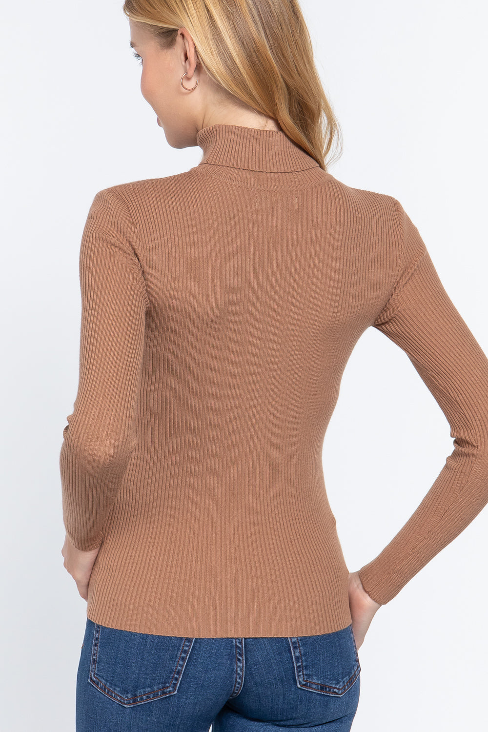 Women's Long Sleeve Turtle Neck Fitted Viscose Ribbed Sweater Cardigan
