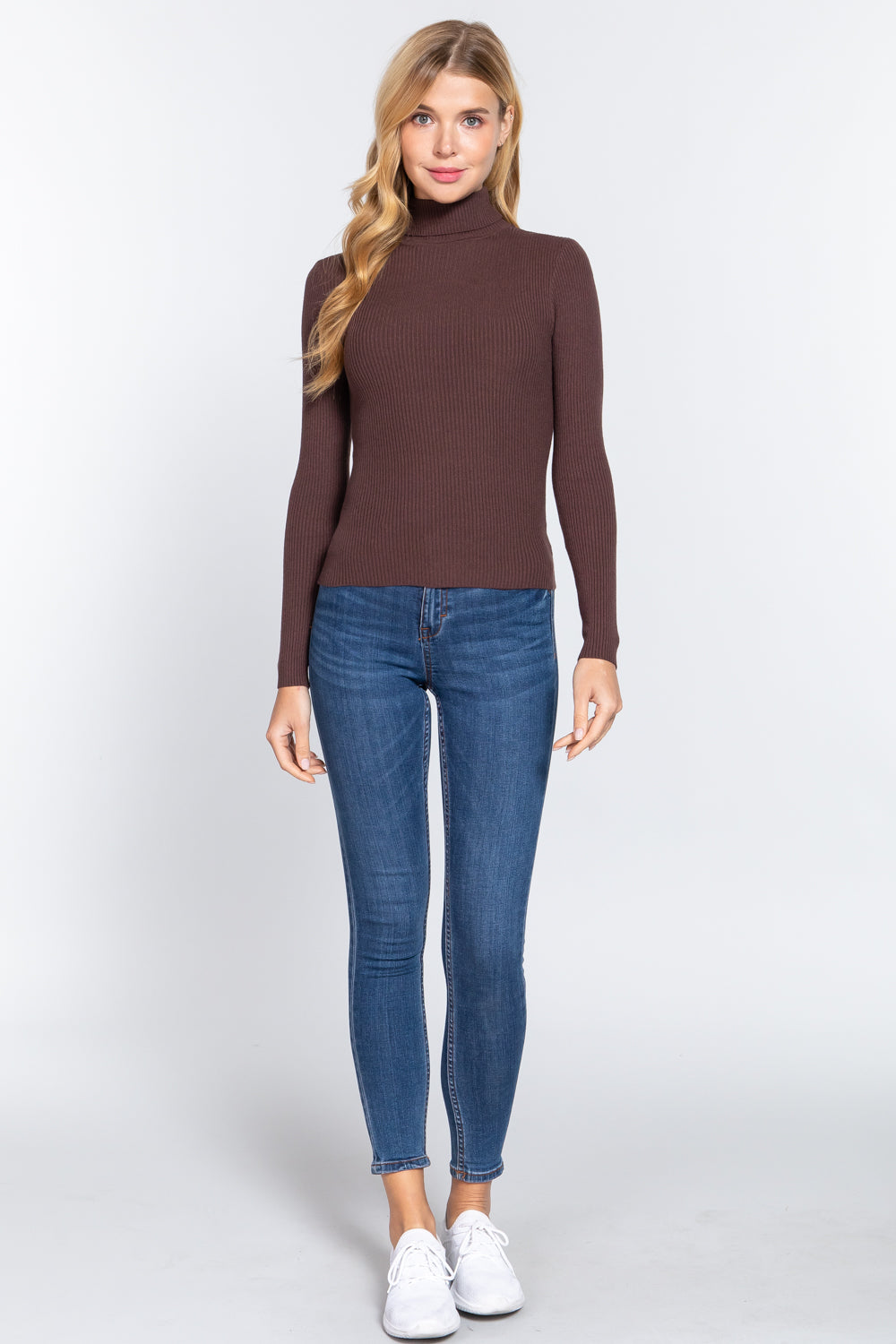 Women's Long Sleeve Turtle Neck Fitted Viscose Ribbed Sweater Cardigan