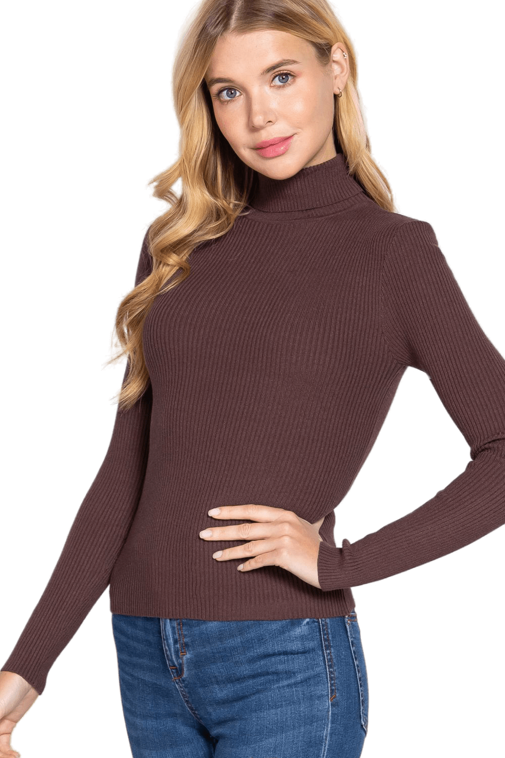 Women's Long Sleeve Turtle Neck Fitted Viscose Ribbed Sweater Cardigan