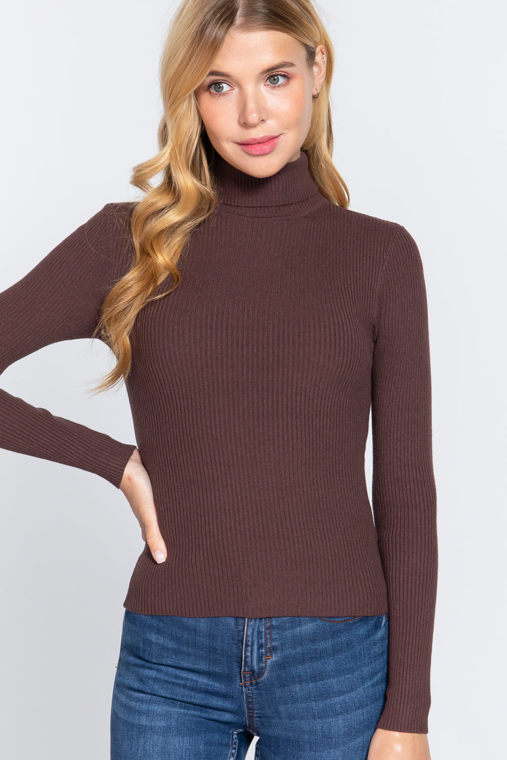 Women's Long Sleeve Turtle Neck Fitted Viscose Ribbed Sweater Cardigan