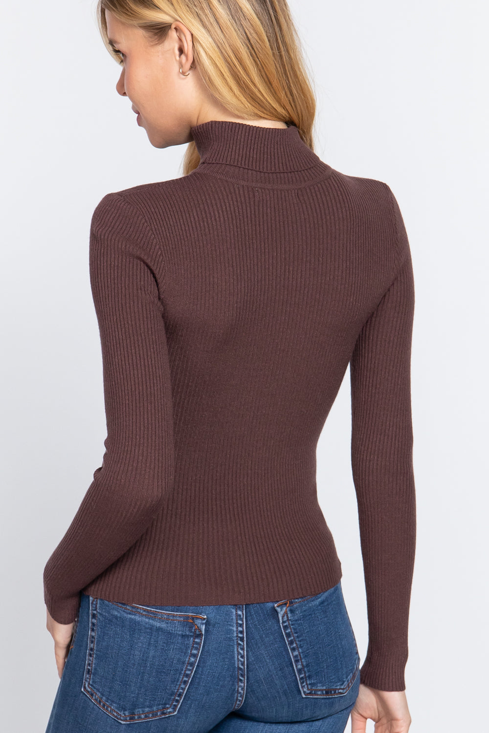 Women's Long Sleeve Turtle Neck Fitted Viscose Ribbed Sweater Cardigan