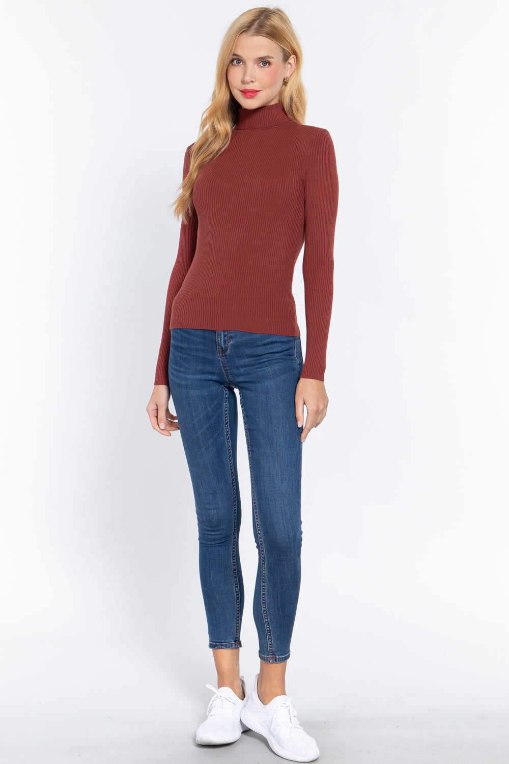 Women's Long Sleeve Turtle Neck Fitted Viscose Ribbed Sweater Cardigan