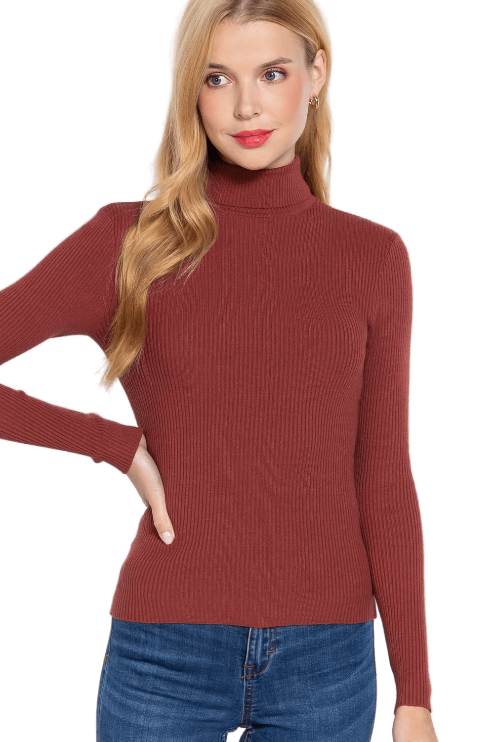 Women's Long Sleeve Turtle Neck Fitted Viscose Ribbed Sweater Cardigan