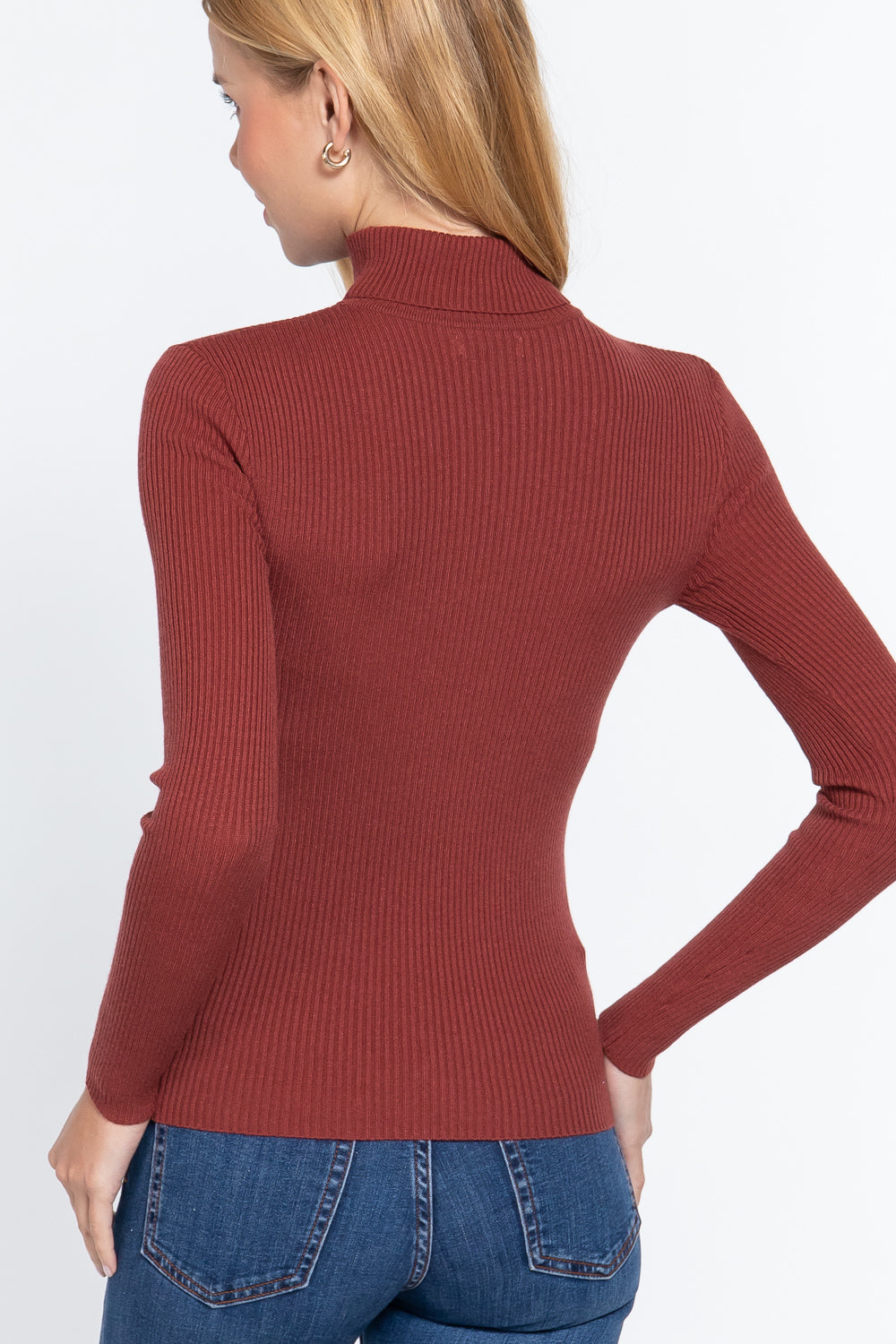 Women's Long Sleeve Turtle Neck Fitted Viscose Ribbed Sweater Cardigan