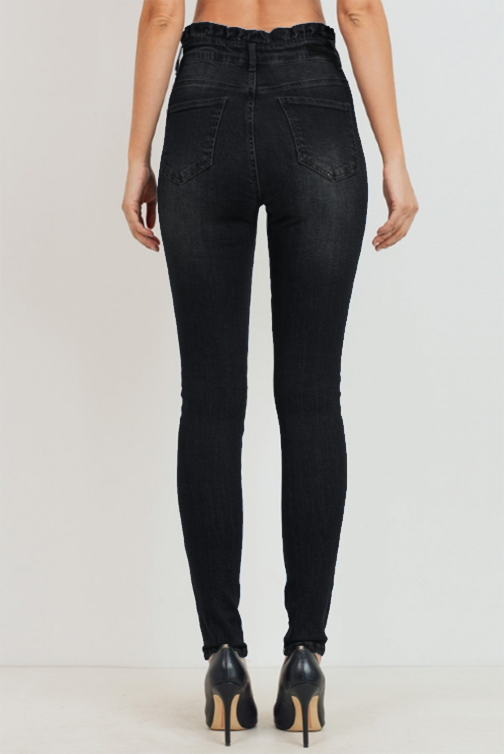 Womens Paper Bag High Waist With Self Tie Belt Denim Skinny Jean Pants