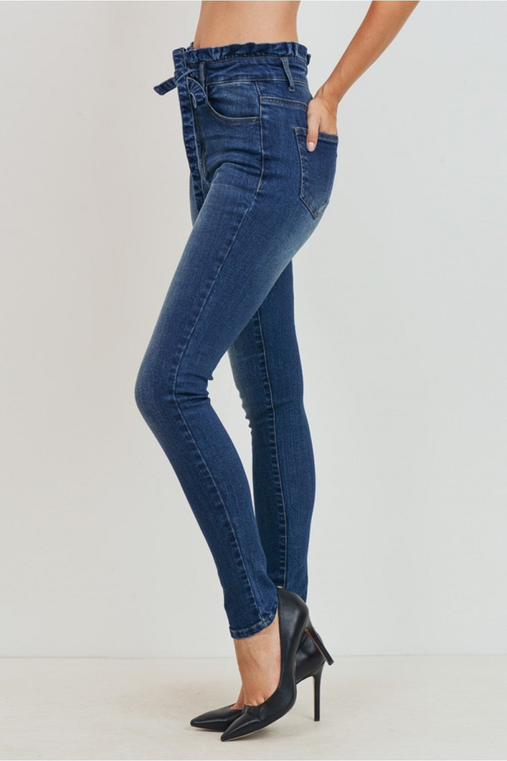 Womens Paper Bag High Waist With Self Tie Belt Denim Skinny Jean Pants