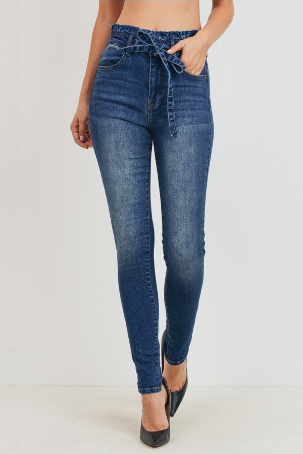 Womens Paper Bag High Waist With Self Tie Belt Denim Skinny Jean Pants