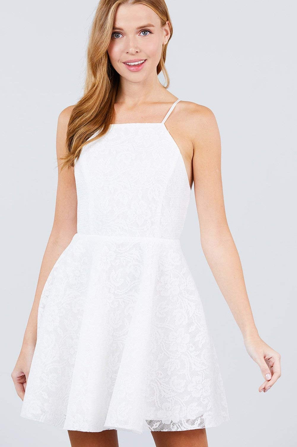 Khanomak Women's Mixed Lace Sleeveless Spaghetti Straps Backless Party Beach Fit & Flare Mini Dresses